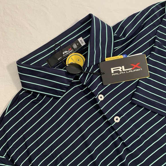 NWT Ralph Lauren RLX Golf Sz M Performance UV Protection Blue Stripe Polo Shirt